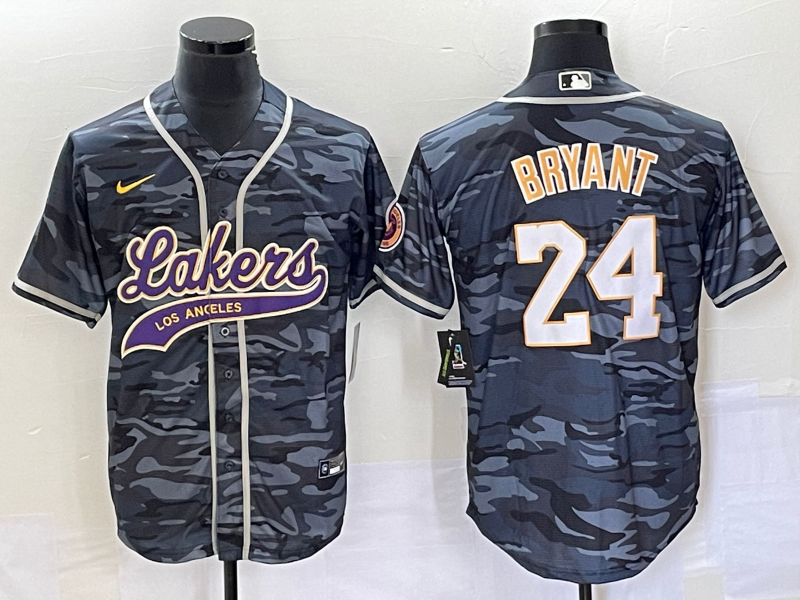 Men's Los Angeles Lakers #24 Kobe Bryant Gray Camo Cool Base With Patch Stitched Baseball Jersey Men's Los Angeles Lakers #24 Kobe Bryant Gray Camo Cool Base With Patch Stitched Baseball Jersey